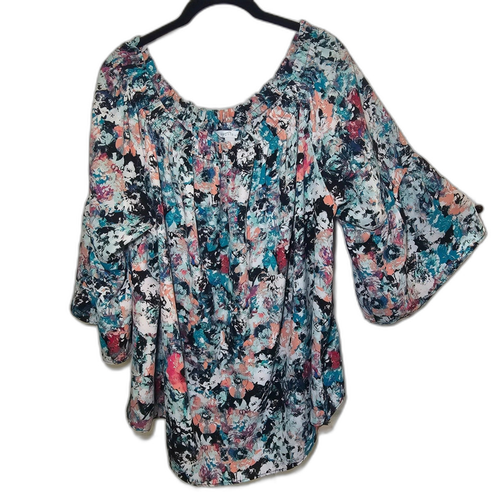 Women's Boutique Off Shoulder Multicolor Flowy 3/4 Sleeve Blouse 2X
